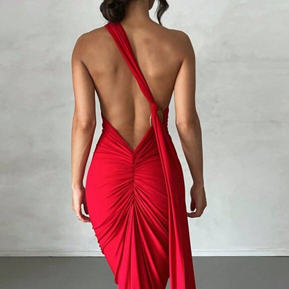 Red Sexy Women's One Shoulder Backless Fishtail Hem Dress - Picture 4 of 4